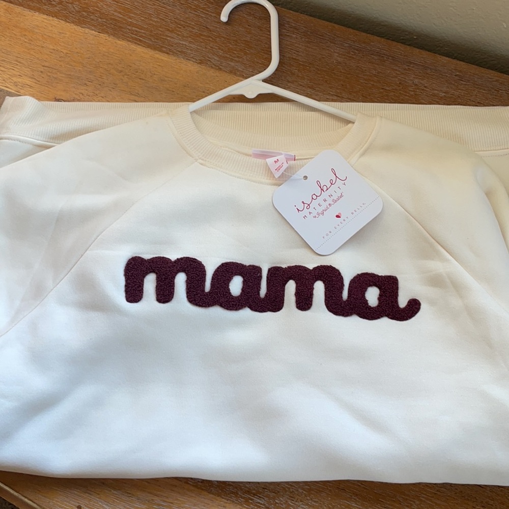 Maternity “mama” sweatshirt with maroon letters